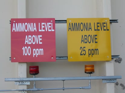 The refrigerant ammonia is hazardous, so warning signs and a disaster plan must be in place