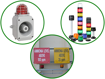 alert signs, visual and audible alarms about ammonia level